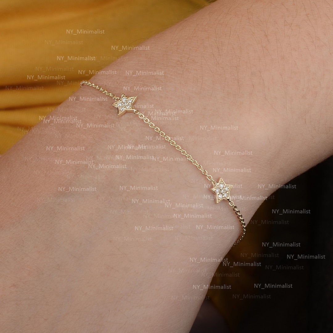 Solid 14K Yellow Gold Star Chain Bracelet Genuine SI Clarity Etsy