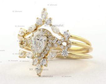 Drei-Ring-Set, echter Diamant-Verlobungsring, 18 Karat massives Gelbgold, handgefertigter Schmuck, Jubiläumsring, Brautschmuck, zertifizierter Ring für Sie