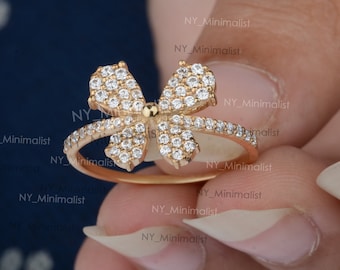 Diamond Butterfly Wedding Band Ring - 14K Yellow Gold Bridal Jewelry