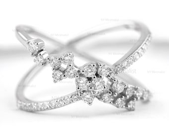 Anillo cruzado de diamantes en oro blanco de 14 quilates hecho a mano: Joyería para bodas