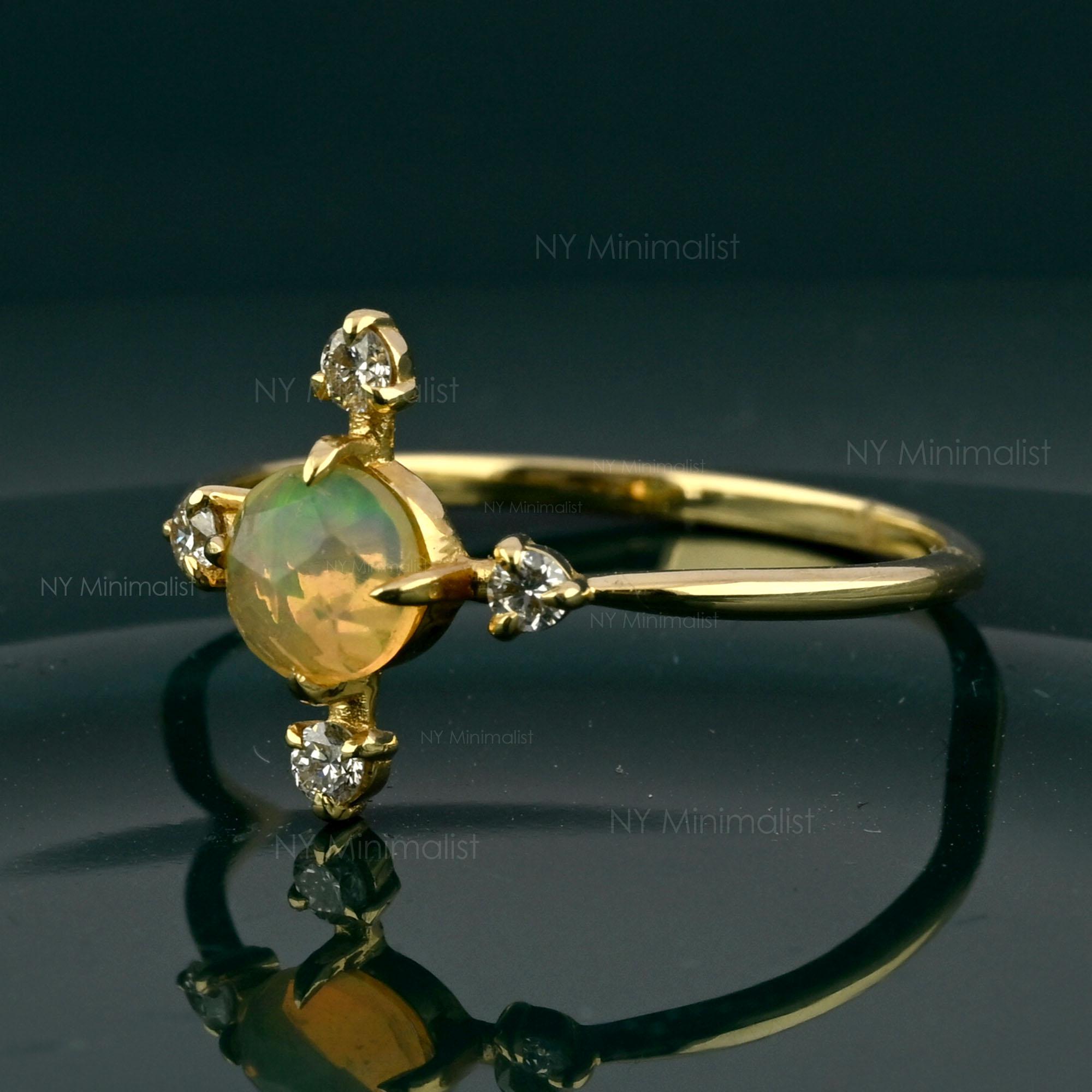 14K Gold Genuine Round Opal and Diamond Ring October Birthstone - Etsy