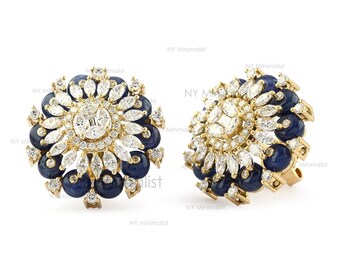 14K Gelbgold Blauer Saphir Ohrstecker, Natürliche Perle Halo Ohrringe, September Birthstone Edelstein Hochzeit Ohrringe, Jubiläumsgeschenke