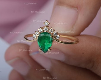 Chevron Design Solitaire Ring Pear Shape Natural 0.65 Ct. Zambia Emerald Gemstone Diamond Solid 14K Yellow Gold Handmade Jewelry Gift Ideas