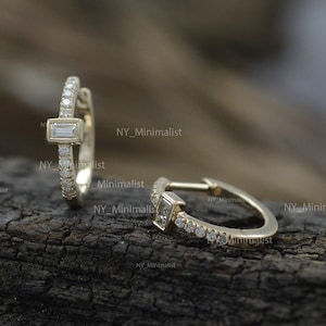 Brilliant Cut Diamond and Baguette Diamond Huggie Earrings/ 14K Solid Gold Earrings/ Genuine Diamond Hoops by NY Minimalist/ Fine Jewelry