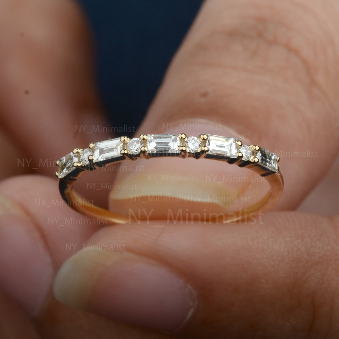 14K Yellow Gold Diamond Half Eternity Band Ring: Baguette & Round Cut ...