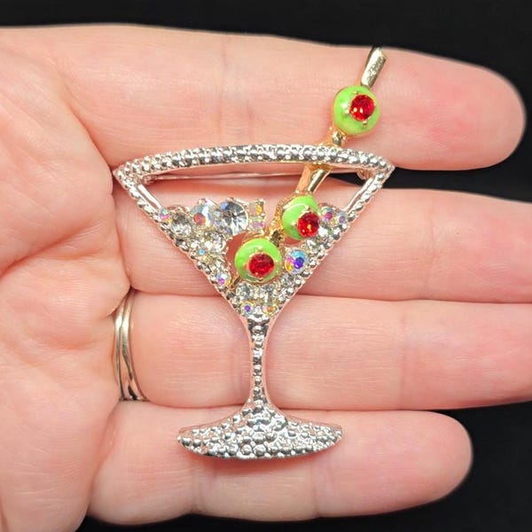 Silver Martini Glass Olives Brooch Rhinestone Enamel Drink Cocktail