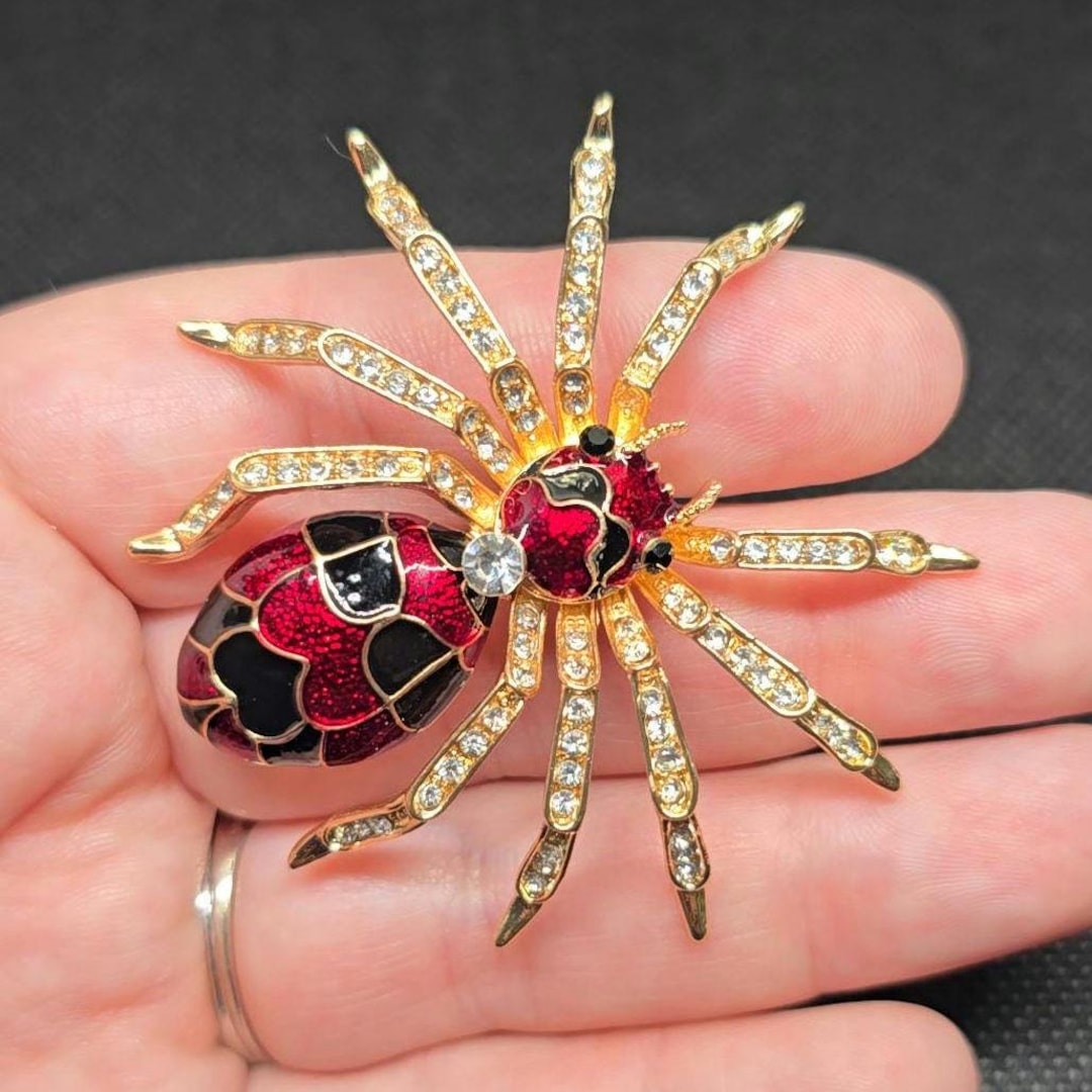 Red Black Spider Rhinestone Brooch Large Enamel Halloween Spiderweb ...