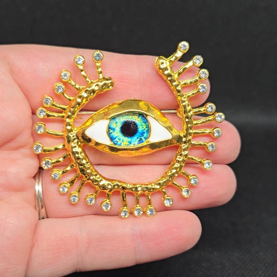 Evil Eye Rhinestone Polished Abstract Evil Eye Rhinestone Brooch Pin Hammered Gold Tone ...