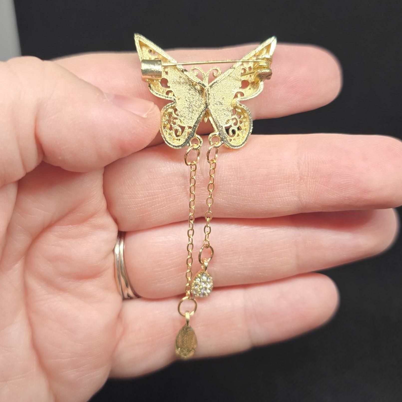 Intricate Gold Butterfly Rhinestone Brooch Hanging Chain Insect Wings ...