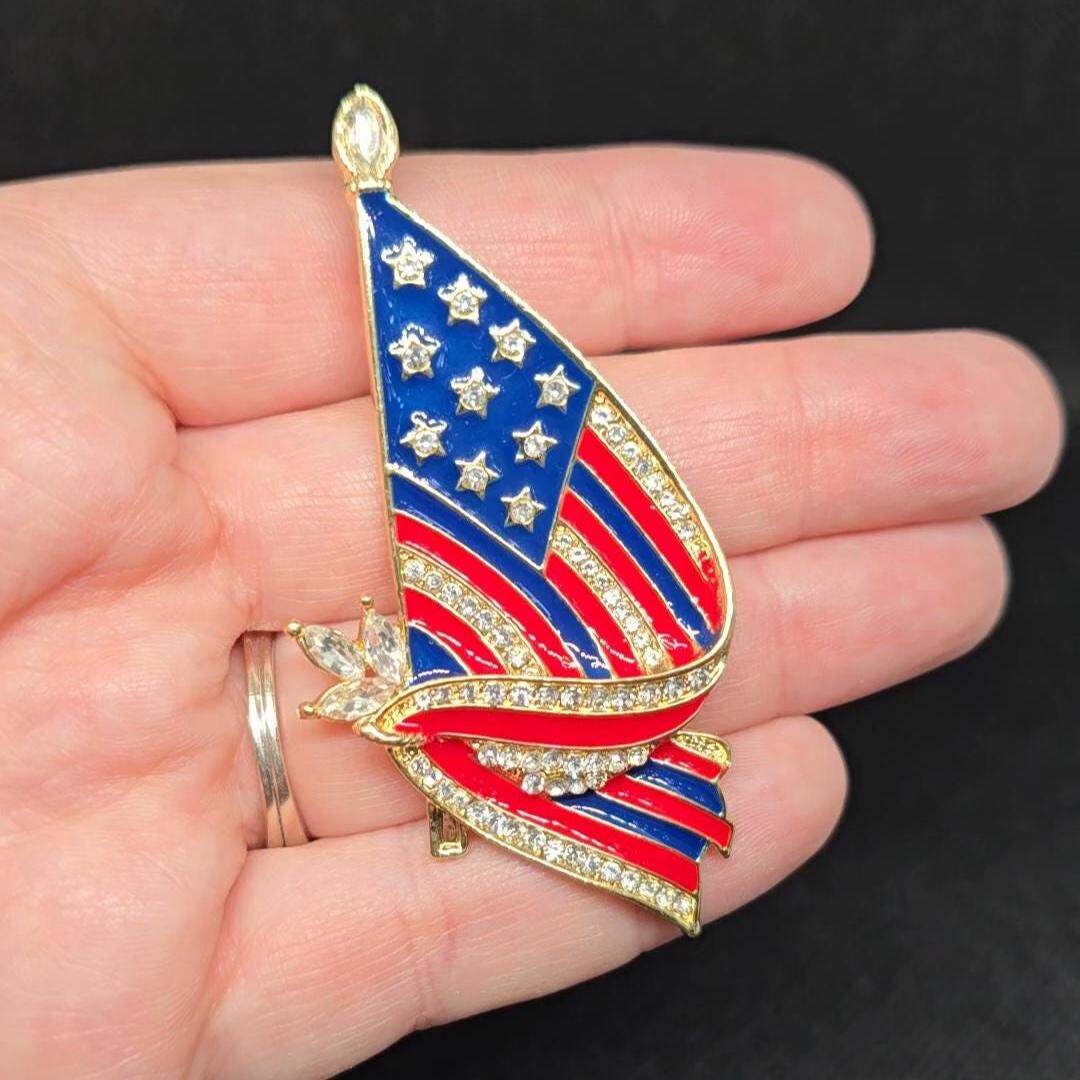 Waving American Flag Rhinestone Brooch Pin Stars and Stripes USA ...