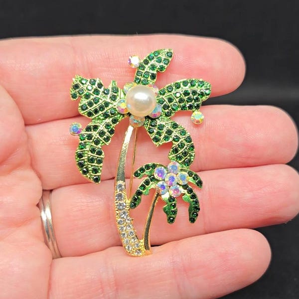 Tropical Palm Tree Coconut Rhinestone Brooch Pin Green Faux Pearl