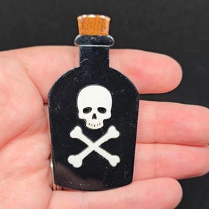 Black Skull And Crossbones Bones Potion Bottle Acrylic Brooch Pin Halloween
