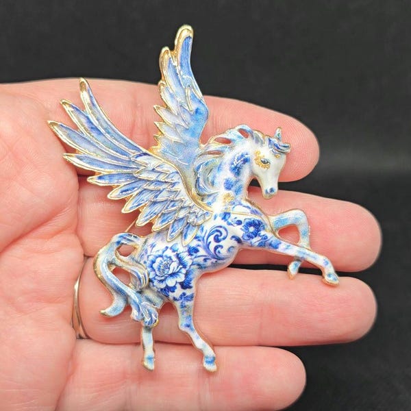 Blue Delft Unicorn Horse Brooch Pin Wings Whimsy