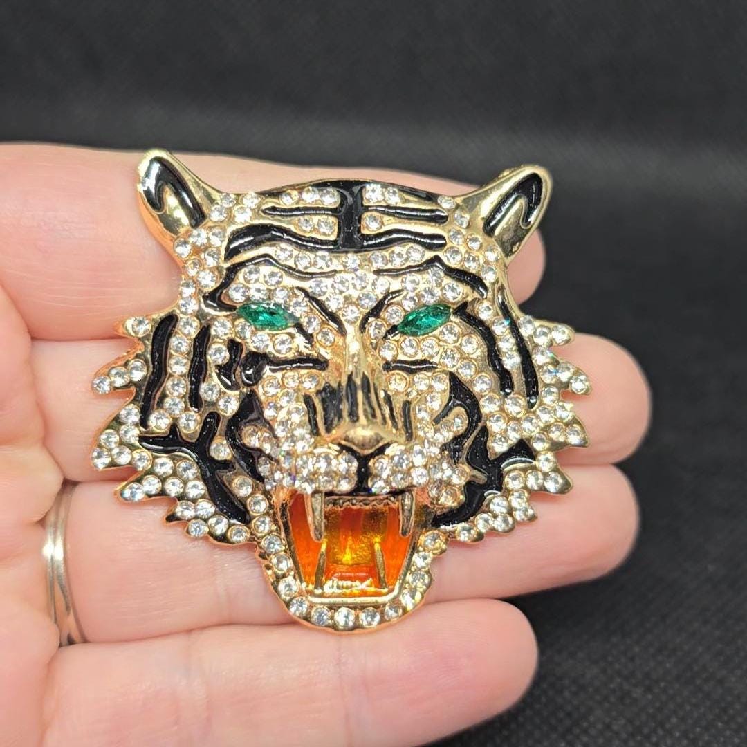 Tiger Rhinestone Tiger Roaring Rhinestone Brooch Pendant Emerald Gold Enamel Jungle - Etsy