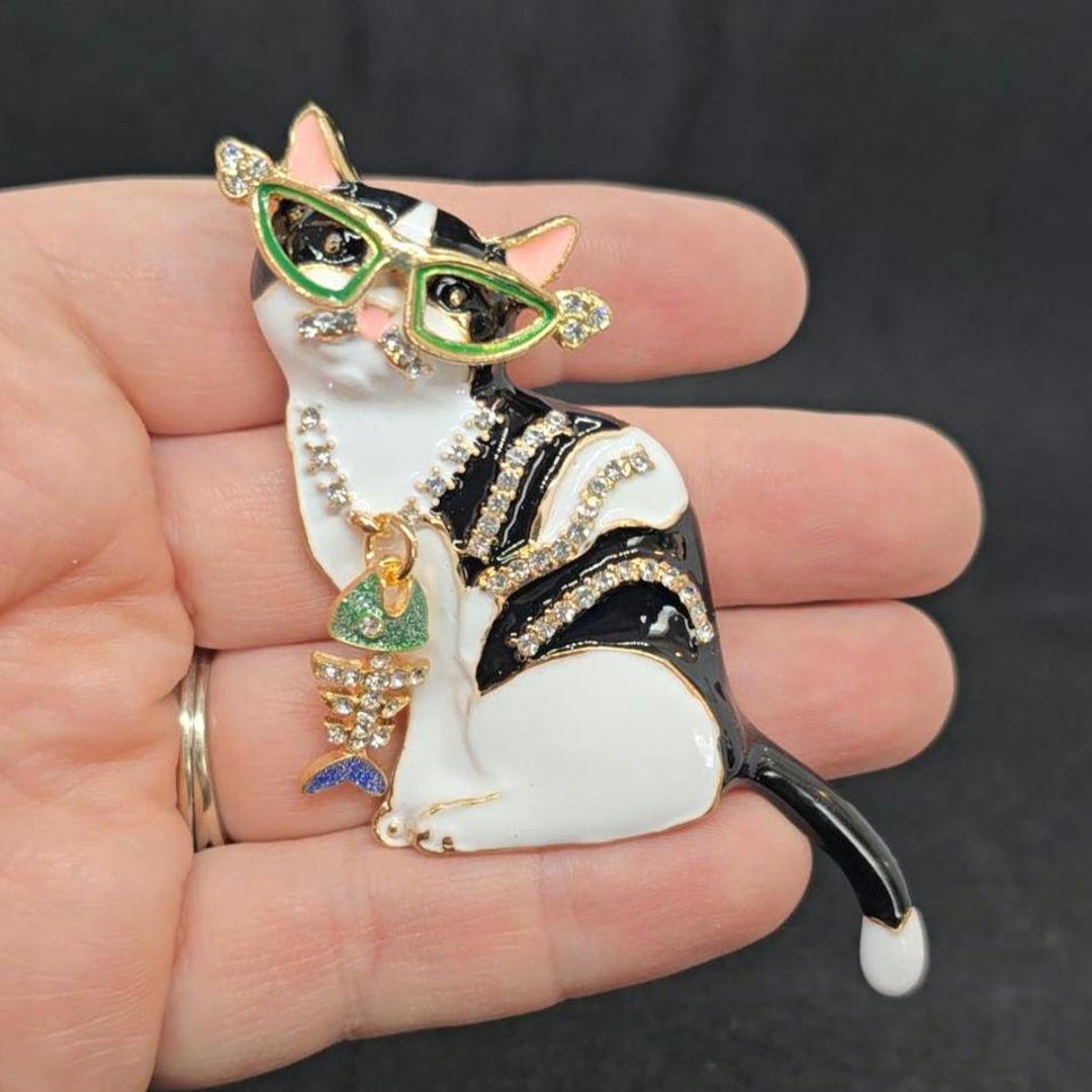 Unique Black and White Cat Rhinestone Brooch Pin Enamel Fish Necklace ...