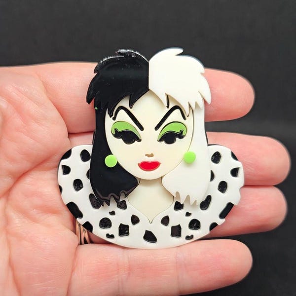 Cruella Inspired Villain Brooch Acrylic Dalmatian Spots