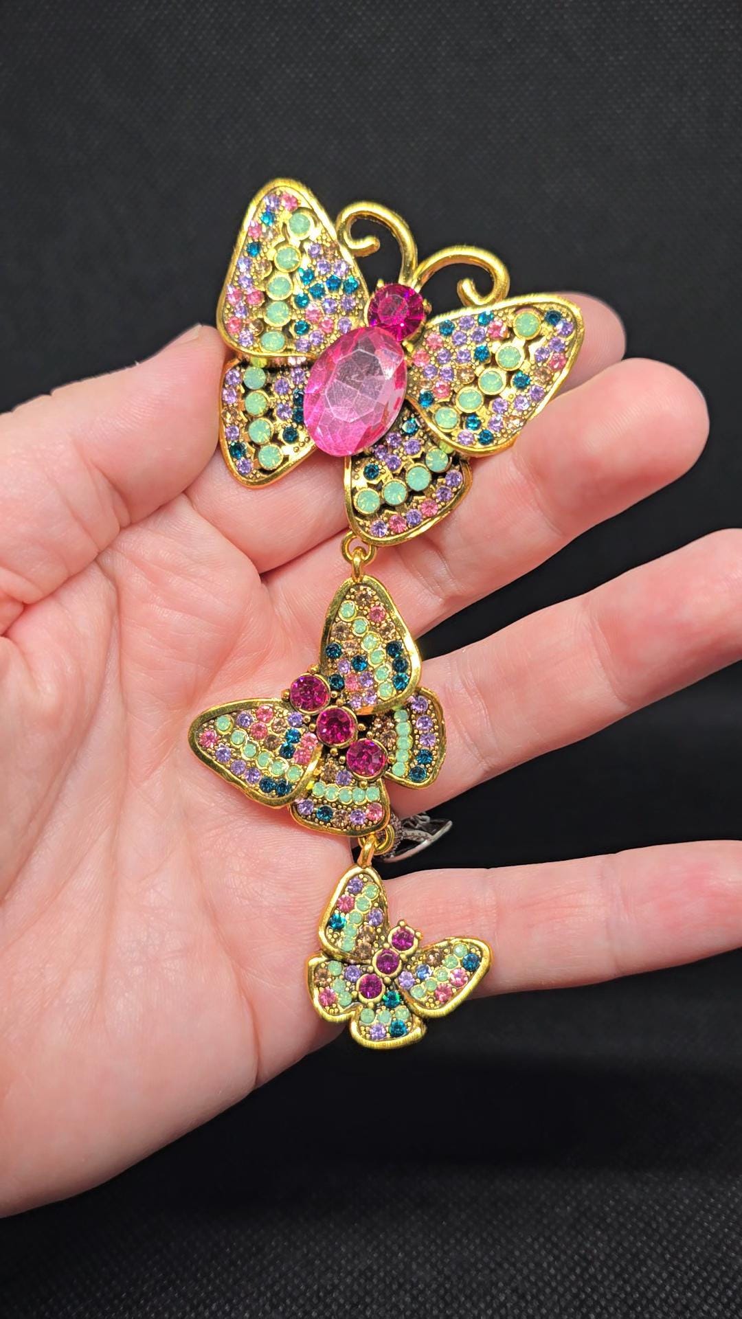 Colorful Pink Butterfly Rhinestone Brooch Dangling Insect Wings Gold ...