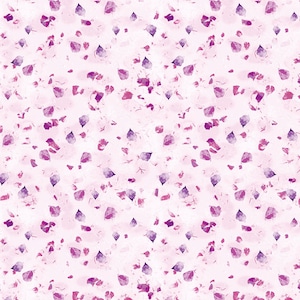May include: A seamless pattern featuring a white background with a scattered design of small, purple and pink watercolor leaves.