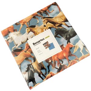 May include: A 10-inch by 10-inch fabric square with a blue background and a repeating pattern of brown, white, and black horses running. The fabric is labeled "Benartex Yellowstone Canvas".