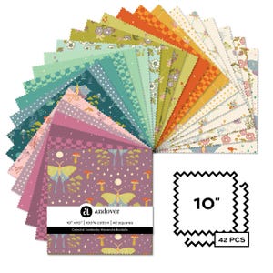 May include: A collection of 42 fabric squares, each 10 inches by 10 inches, in a variety of colors and patterns. The fabric features floral, butterfly, and mushroom designs. The label reads "Celestial Garden by Alexandra Bordallo."