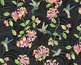 43-44&quot; Wide TRADITIONS HUMMINGBIRDS & HONEYSUCKLE Black Multi Quilt Fabric by Jackie Robinson for Benartex - Sold by the Yard
