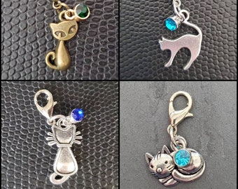 Various sweet cat zipper pull charms with sparkle, on lobster clip, bracelet, handbag, school, purse charm, silver colour, crystal, kitten