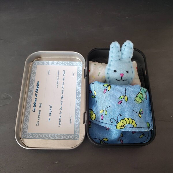 Bunny, rabbit, My Little Friend - Tiny Bunny, bunny in a tin, pocket pal, rabbit in a tin,  engraved tin, Easter