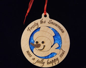 Frosty snowman ornament, engraved words, souvenir, Canadian memento, made in Alberta, Canada,  Christmas, gift, baltic birch, blue cloth