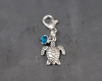 Marine turtle zip charm, silver coloured zipper pull, sparkle, lobster clip, for bracelet, handbag, purse, pencil case, school bag, stitch