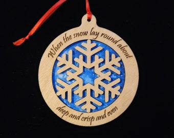Snowflake ornament, engraved words, souvenir, Canadian memento, made in Alberta, Canada,  Christmas, gift, baltic birch, blue cloth