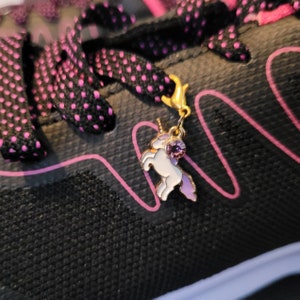 May include: A black shoe with pink laces and a unicorn charm with a purple gem. The charm is attached to the laces with a gold clasp.