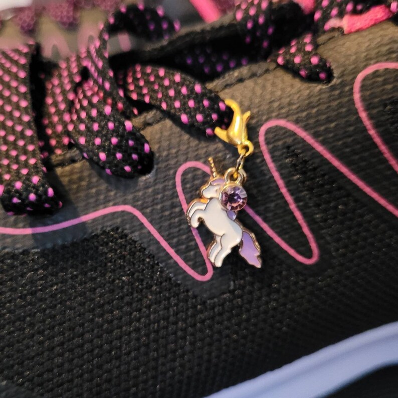 May include: A black shoe with pink laces and a unicorn charm with a purple gem. The charm is attached to the laces with a gold clasp.