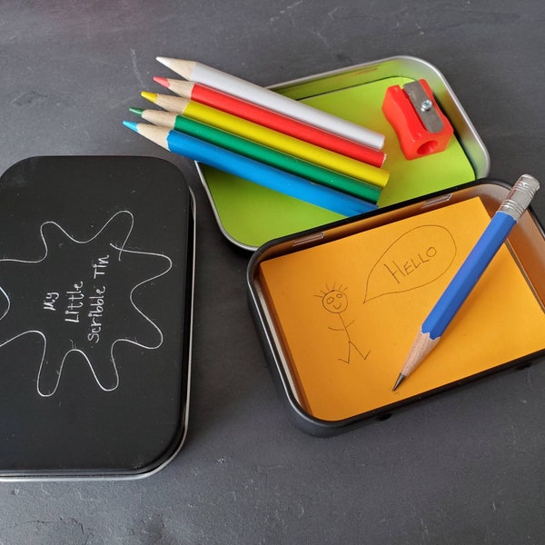 Scribble Tin, My Little Scribble Tin, doodling box, colour pencils, drawing, supplies, travel kit, doodle tin, engraved tin