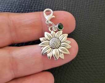 Lovely little sunflower zipper pull charm, lobster clip, jacket, schoolbag, pencilcase, bracelet, handbag, purse, silver or gold colour