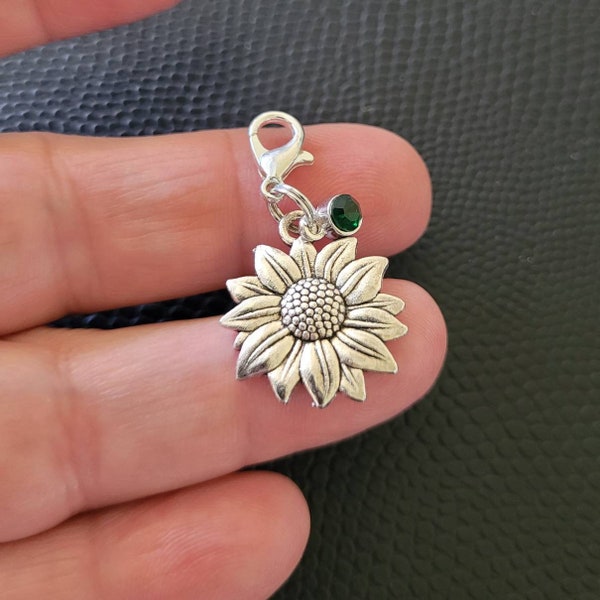 Lovely little sunflower zipper pull charm, lobster clip, jacket, schoolbag, pencilcase, bracelet, handbag, purse, silver or gold colour