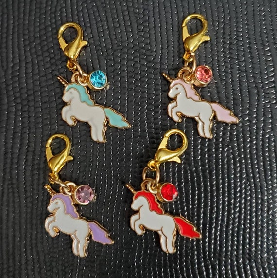 Sweet unicorn zipper pull charm, enamel, sparkle charm on lobster clip, for bracelet, handbag, purse, pencil case, gold colour, white enamel
