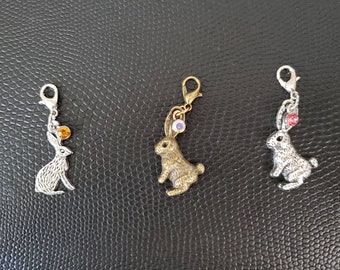 Various rabbit zipper pull charms, sparkle charm on lobster clip, for bracelet, handbag, purse, pencil case, school bag, Easter, Spring