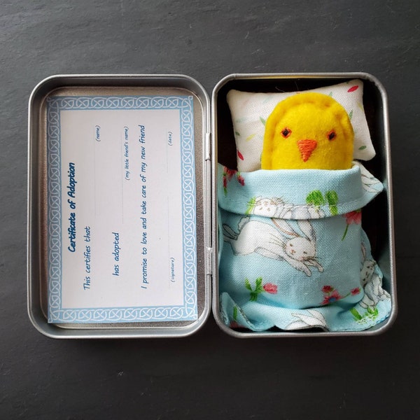 Chick, chicken, My Little Friend - Tiny Chick, chick in a tin, pocket pal, chickie in a tin, engraved tin, Easter