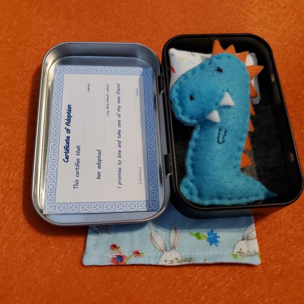 Dinosaur, dino, My Little Friend - Tiny Dino, dinosaur in a tin, pocket pal, T.rex in a tin, engraved tin