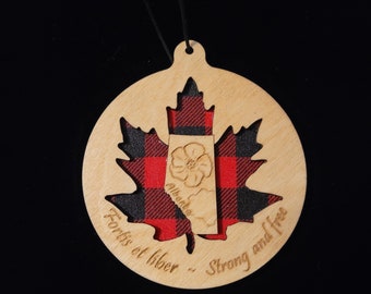 Alberta maple leaf ornament, engraved motto, souvenir, Canadian memento, made in Alberta, Canada,  Christmas, gift, birch, strong and free