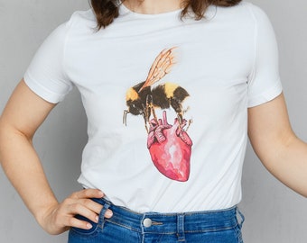Bee & Heart Tee - White T Shirt - Regular or Fitted Cotton - Plight of the Bumblebee - Graphic Tee - Surreal Nature Art Design