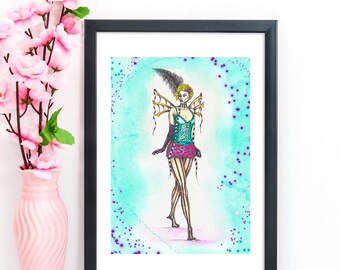 Burlesque Fairy Art Print - Esmerelda - Bone Faerie - Vintage Carnival - A5/A4