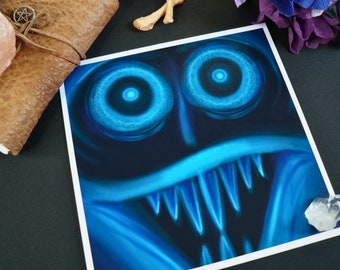 Creepy Blue Face Art Print - Spooky Face - Electric Blue Ghost