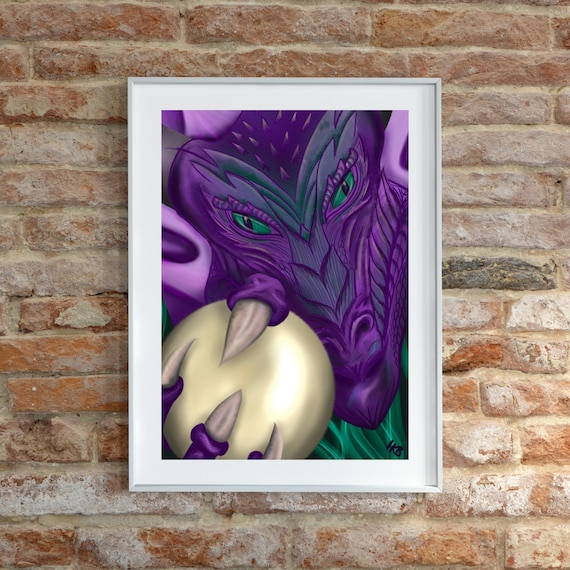 Dragon and Pearl Art Print - Peregrina - Purple Dragon Green Eyes