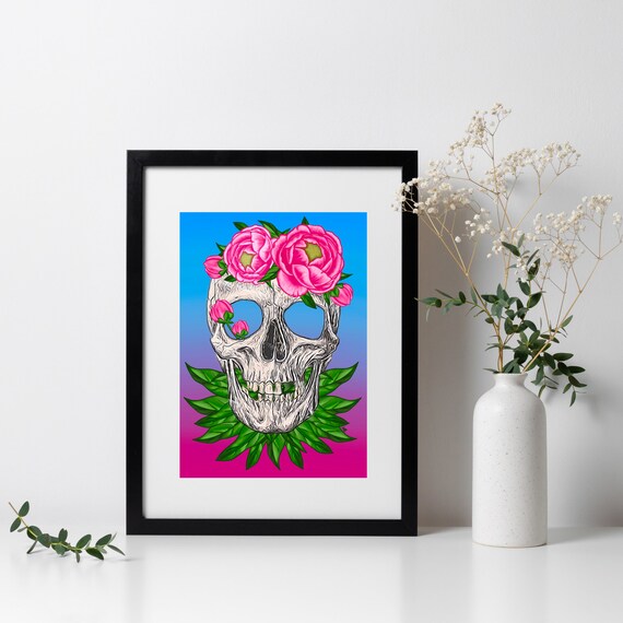 Skull Art Print - Skull and Peonies - Lucky in Love? - Pink & Blue - A5