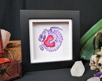 Baby Dragon with Heart - Shadow Box Framed Hand Drawn Illustration - Purple, Green or Blue
