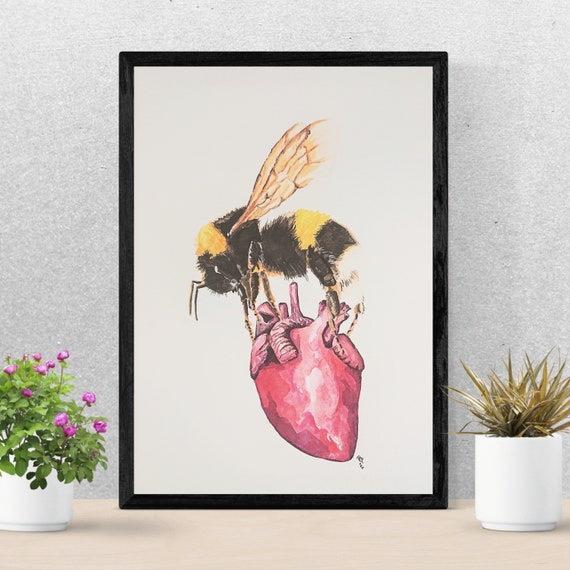 Bee & Heart Art Print - Bumblebee and Anatomical Heart - Watercolour