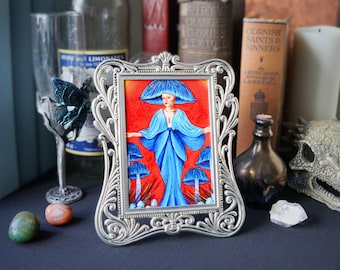 She - Mushroom Goddess - Original Acrylic Painting - Silver Metal Freestanding Frame