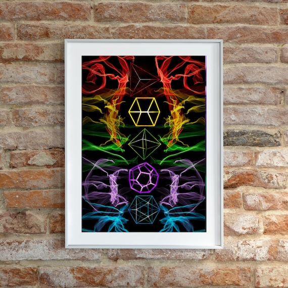 Platonic Solids Art Print - Black and Rainbow Colours - A5