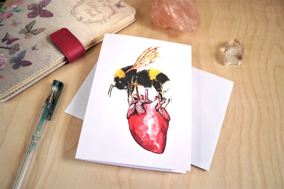 Bumblebee and Anatomical Heart Note Card - Watercolour
